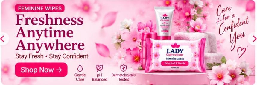Lady Corrections feminine wipes with fresh pink flowers